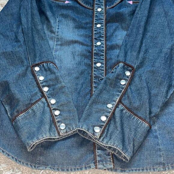 Awesome Vintage Lawman Western Shirt Women's Large Denim Embroidered Snap Button - Picture 10 of 13